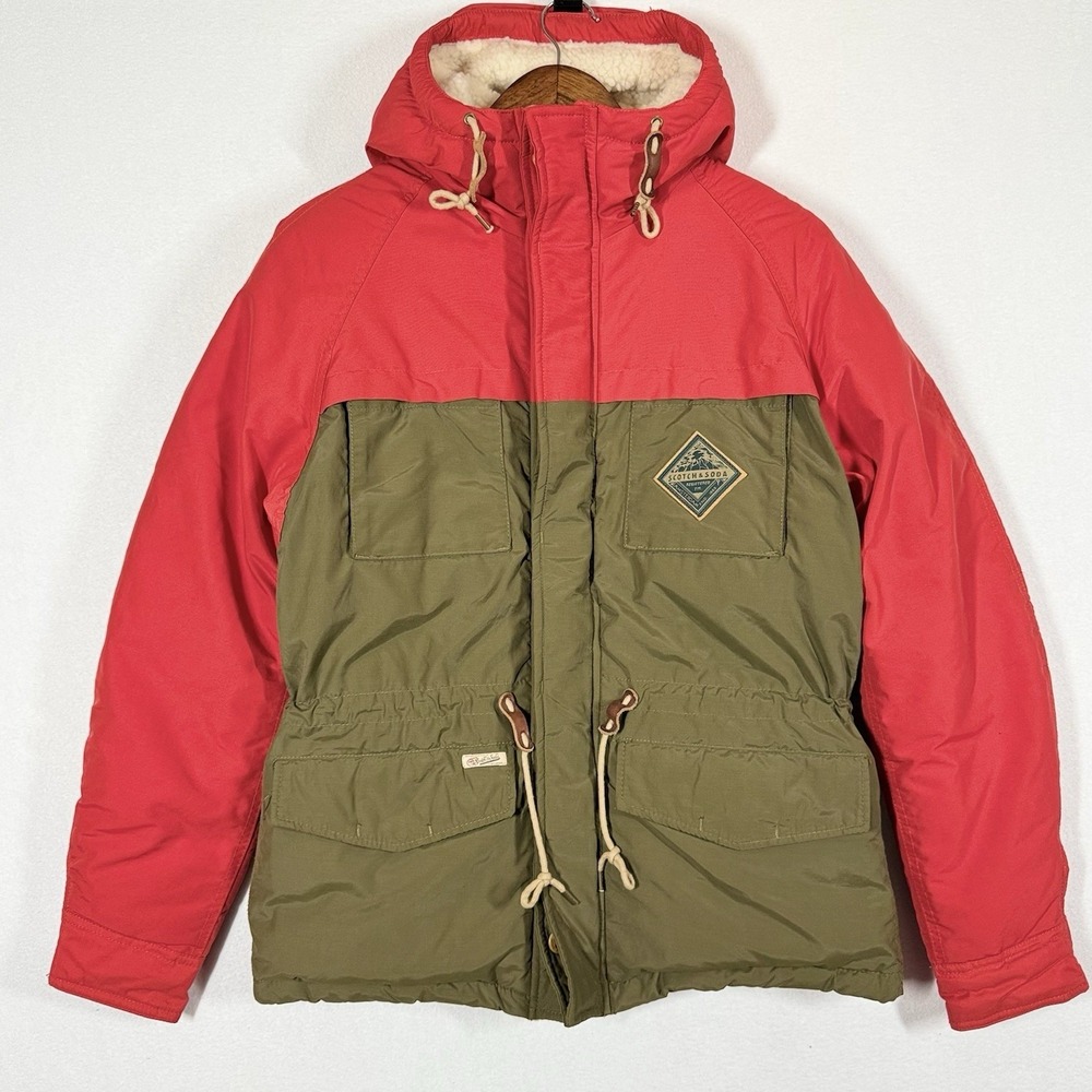 Scotch & Soda Hooded Puffer Jacket Mens S Red Green Sherpa Lined Parka